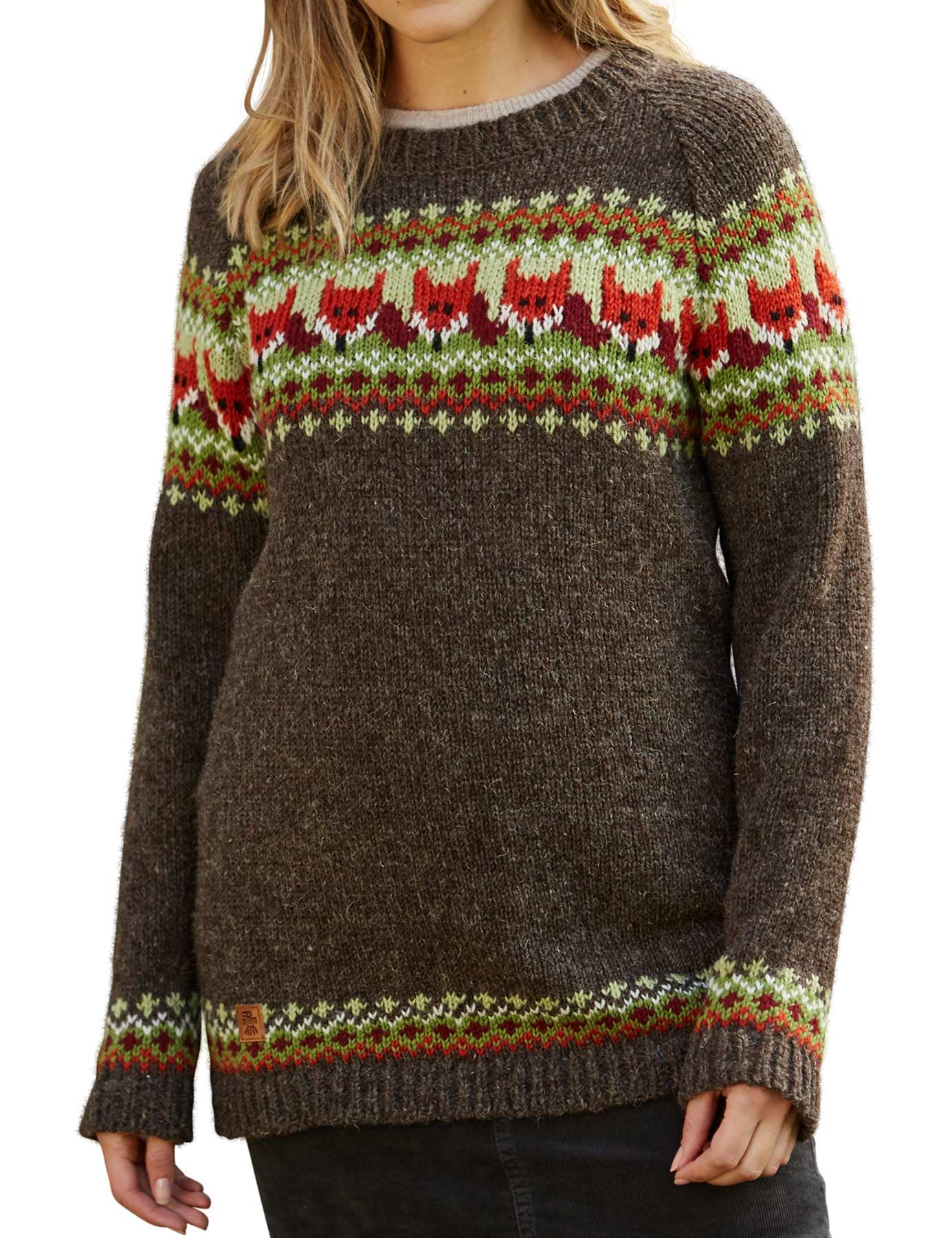 Pachamama Maglione da donna in lana lavorato a mano con volpe marrone multicolore fatto a mano spesso maglione caldo maglione commercio equo e