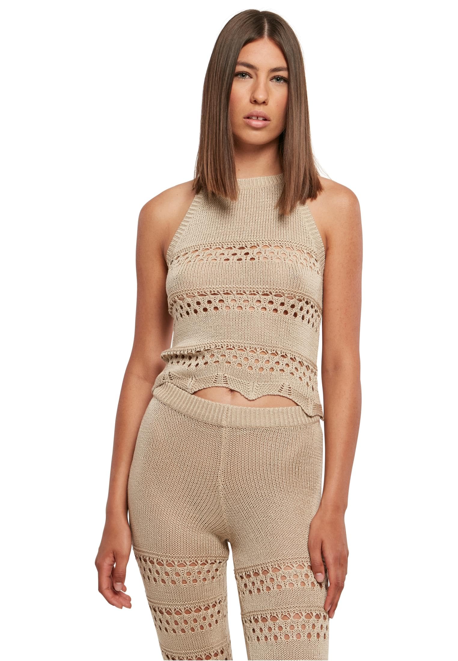 Urban Classics Women's Ladies Short Crochet Knit Halter Top Cami Shirt, softseagrass, S
