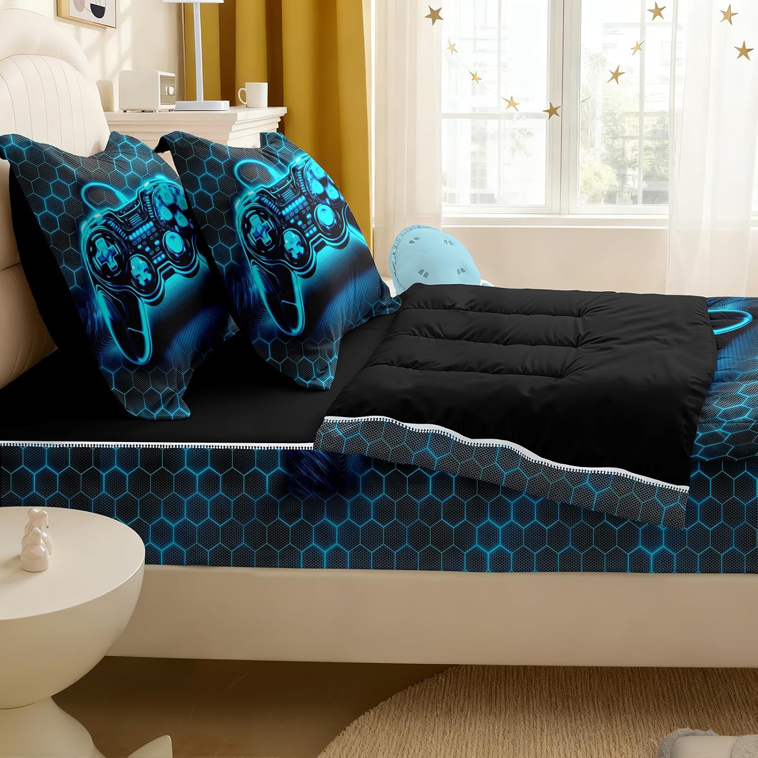 Kids Comforter Set,Zipper Bedding Twin for Teen,Gaming Printed Comforter Set with Fitted Sheets and Pillowcases for All Season(Honeycomb Gamepad Twin)