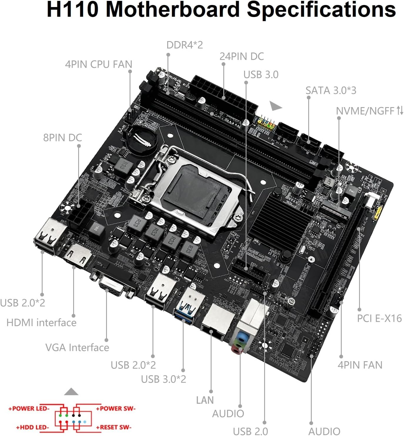 H110 LGA 1151 Motherboard for Intel 6-9th Gen Core i3/i5 Pentium, Celeron Series Processors, DDR4, PCIe x16, NVME/NGFF M.2, VAG, HDMI-Compatible, SATA 6Gbps