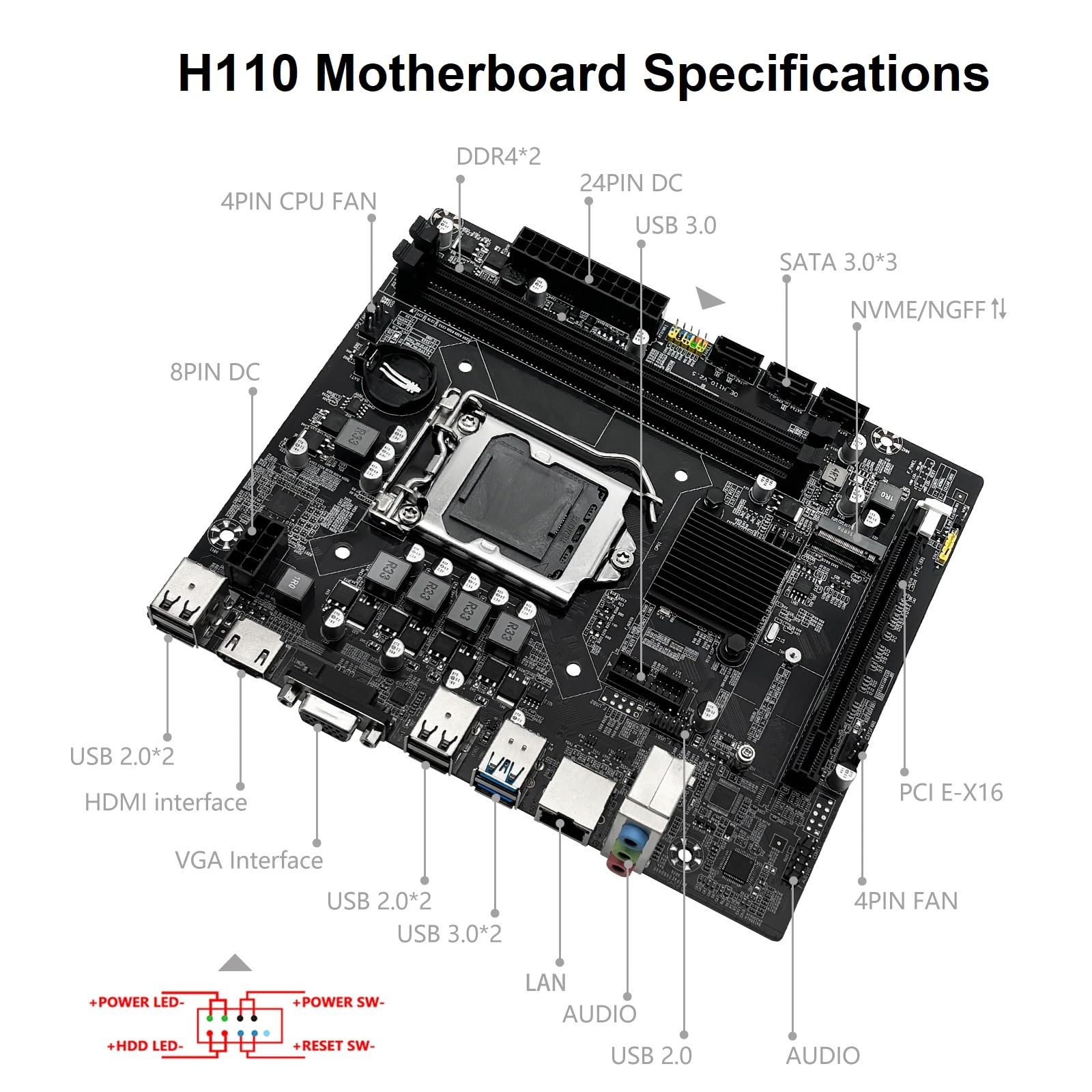 SHANGZHAOYUAN Scheda madre H110 LGA 1151, scheda madre da gioco per processori Intel 6-9a generazione Core i3/i5 Pentium, serie Celeron, DDR4, PCIe 3.0/2.0, NVME/NGFF M.2, SATA 6 Gbps, VAG,