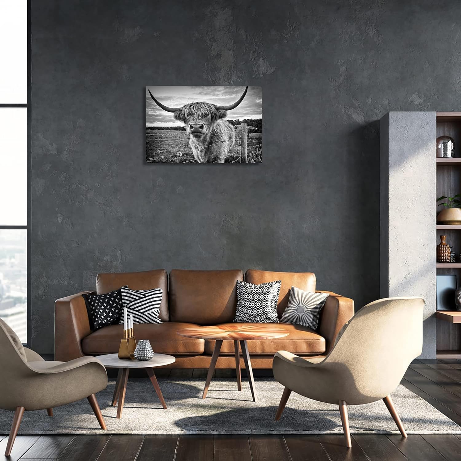 Highland Cow Canvas Wall Art Black and White Cow Photos for Wall Nature Cow Picture Framed Animal Poster Artwork for Bathroom Decor (24x36inches)