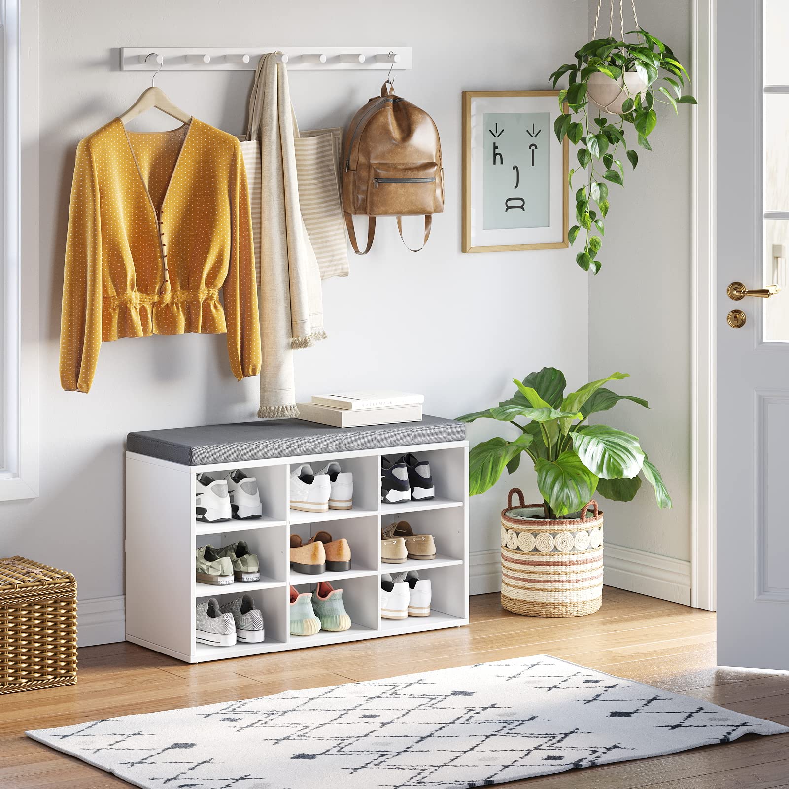 DINZI LVJ Shoe Storage Bench with Cushion, Cubby Shoe Rack with 9