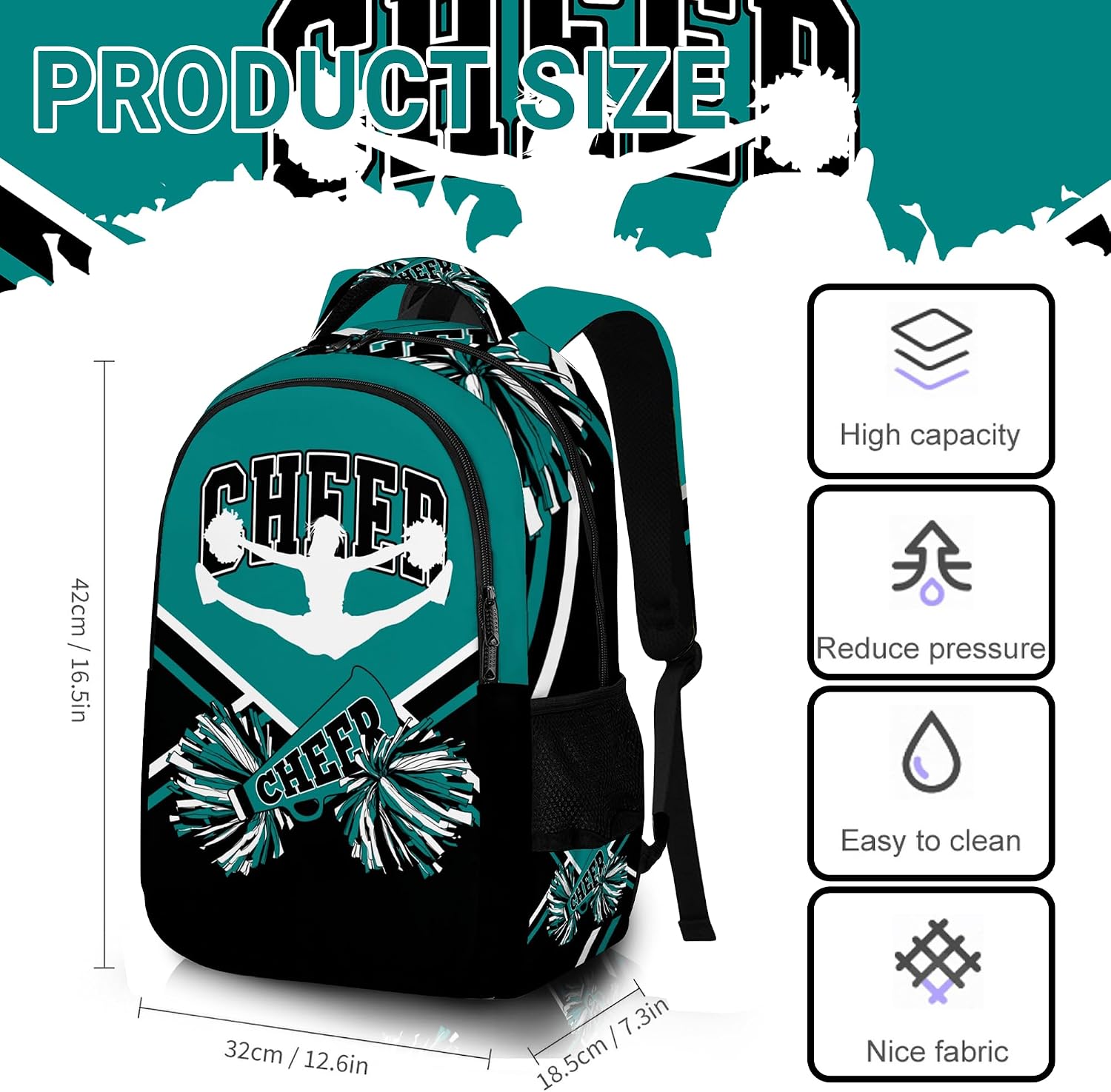 Personalized Cheer Backpack with Name, Sports Backpack For Cheerleading, Cheerleader Gifts for Team Women (Black Teal)