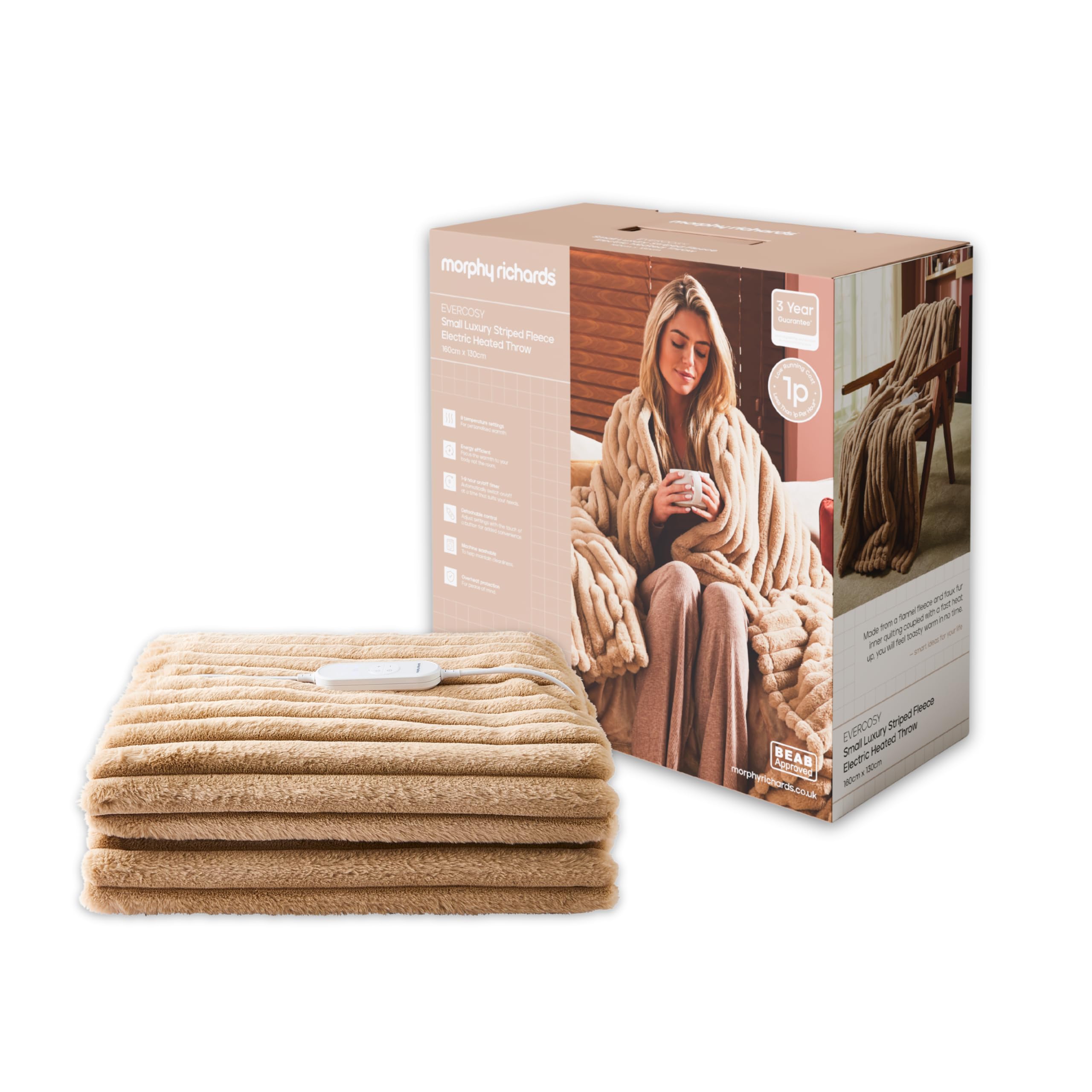 Morphy Richards Evercosy Small Luxury Striped Fleece Electric Heated Throw Mocha from B&Q