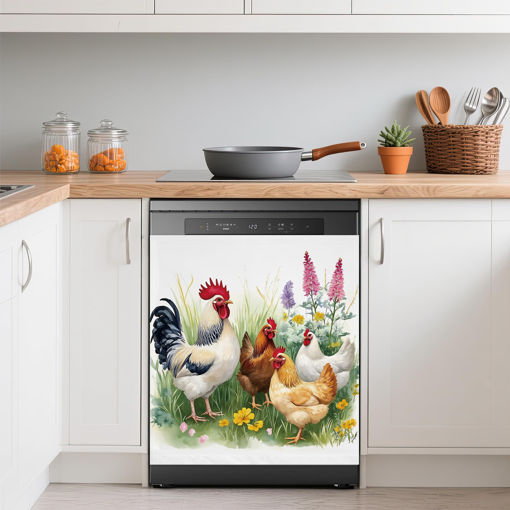 Dishwasher Cover,Farmhouse Roosters Reusable Dishwasher Magnet Cover,Decorative Spring Flowers Magnetic Refrigerator Cover Front Panel Cover for Kitchen Decor 23x26 Inch