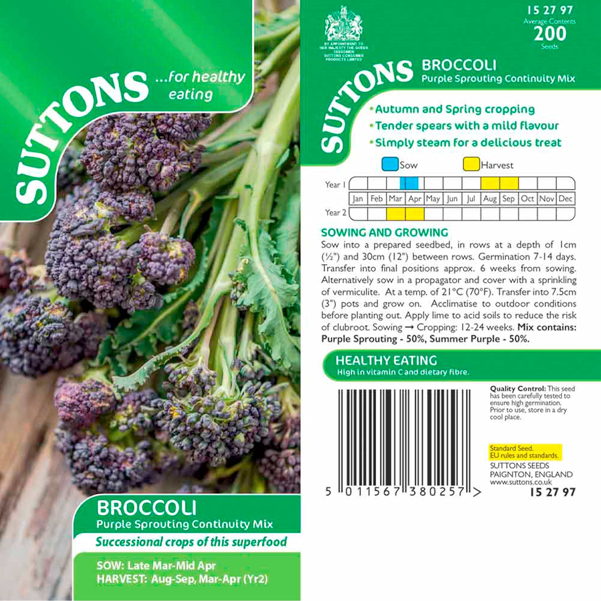 Suttons Broccoli Seeds, Purple Sprouting Mix, Brassicas, Grow Your Own Veg, Average Packet Content 200 Seeds