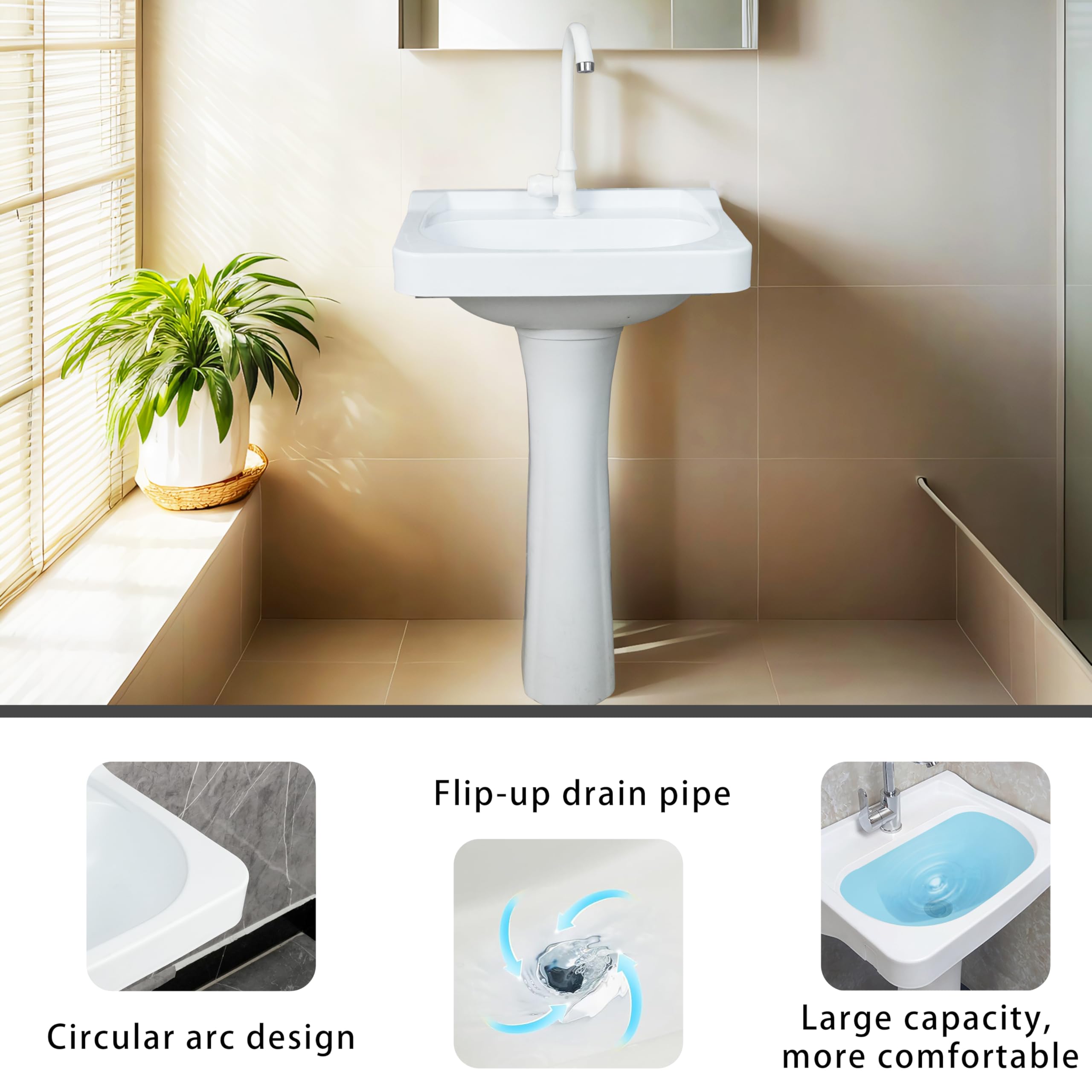 Fregadero de pedestal de plástico pequeño para baño, 19.6 x 15.3 x 31.5 pulgadas de alto, instalación sin taladro, lavabo autoadhesivo con agujero para grifo para lavabo, lavabo, columna, lavabo