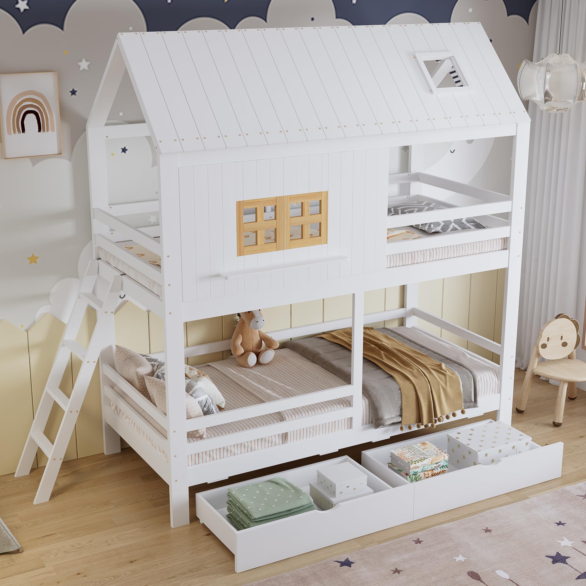 Kinderbett 90x200 cm mit Schubladen und Offene Regale, Etagenbett mit Hausformen und Fenster, Stauraumbett mit Leiter, Holzbett für Kinder und Jugendliche, Weiß+Natur-B(Ohne Matratze)