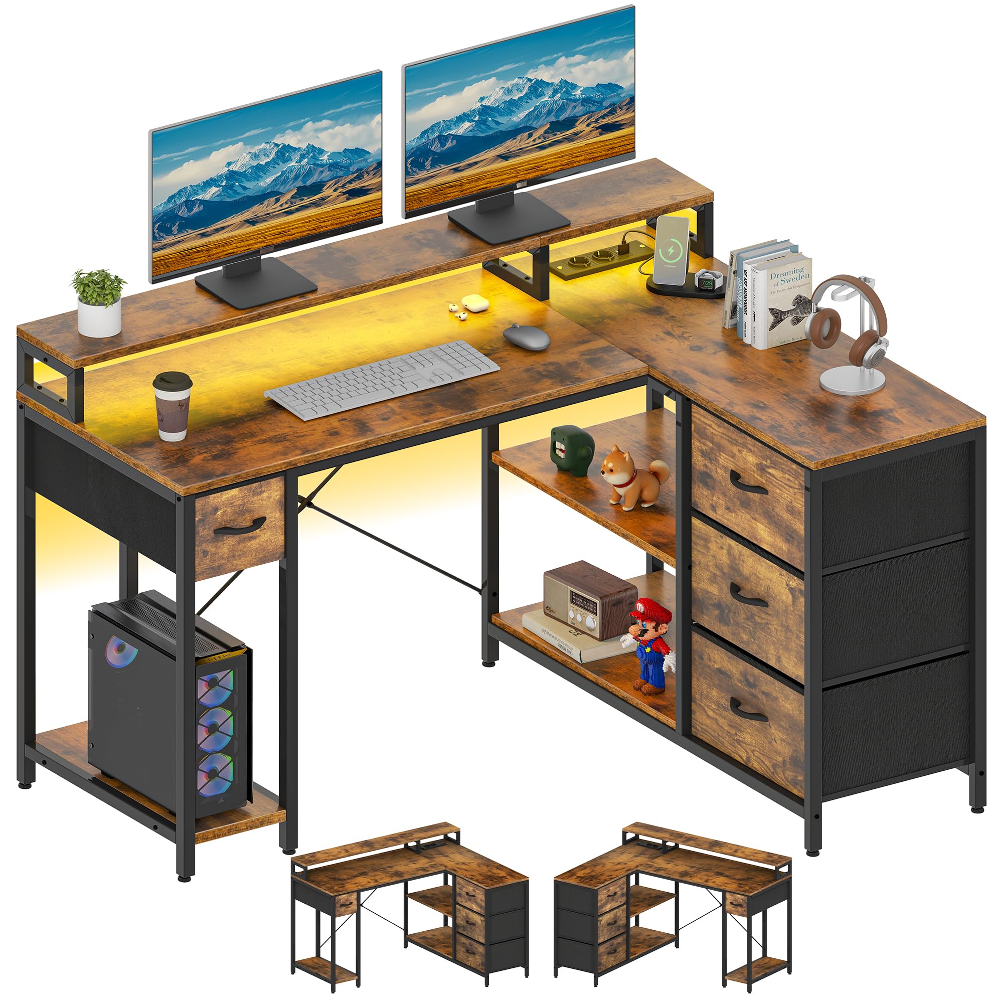 YITAHOME L Form Schreibtisch mit USB Ladeanschluss und Steckdose,Reversible Eckschreibtisch mit 4 Schubladen und Regal,Gaming Schreibtische mit Monitorständer,140x100 cm Computertisch für Büro,braun