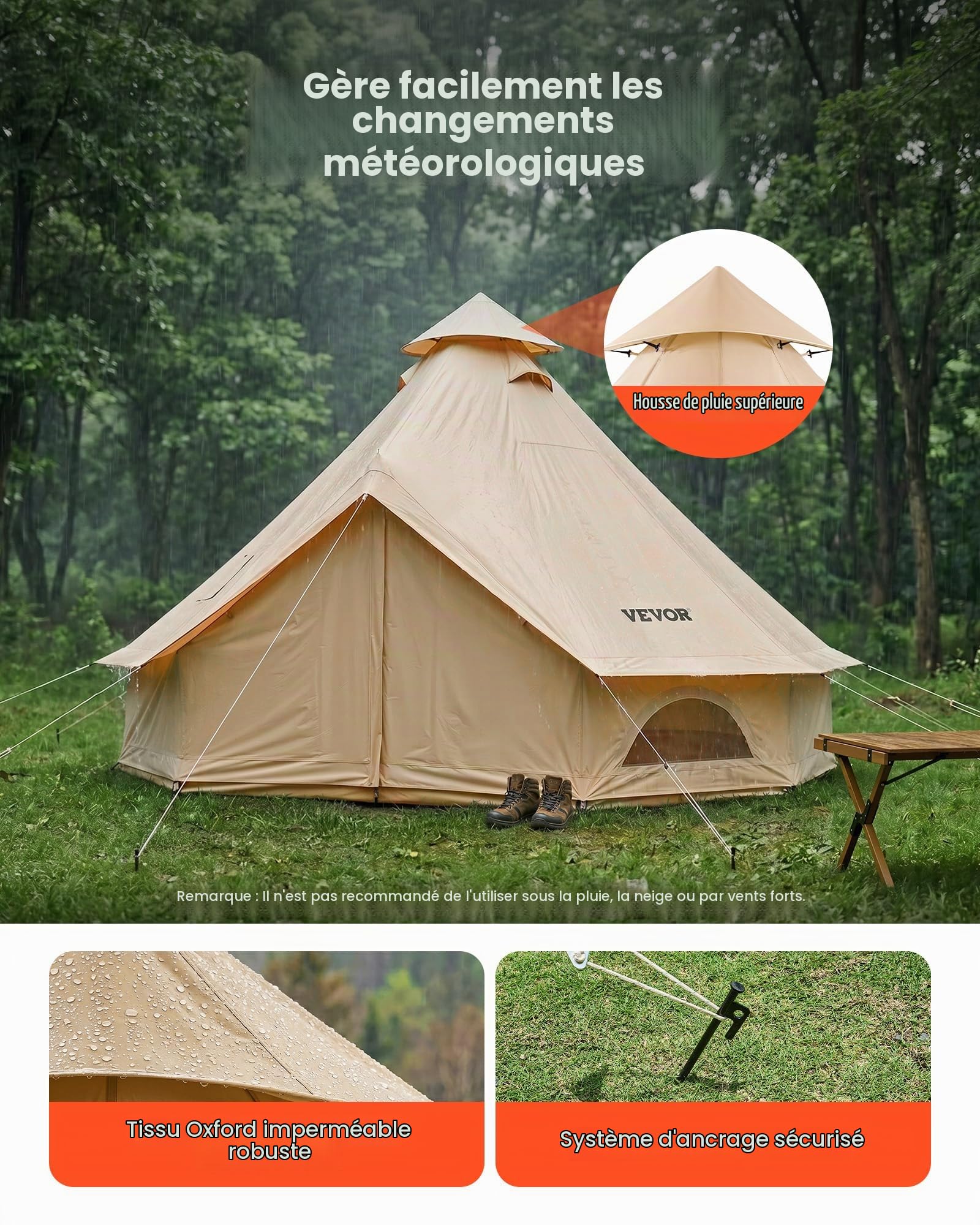 VEVOR Tente Yourte 3 m Jusqu'à 3 Personnes Tente Cloche en Tissu Oxford, pour 4 Saisons, Camping Familial, Glamping, Chasse, Événements Plein Air, avec Passage pour Conduit de Poêle, Tapis Amovible