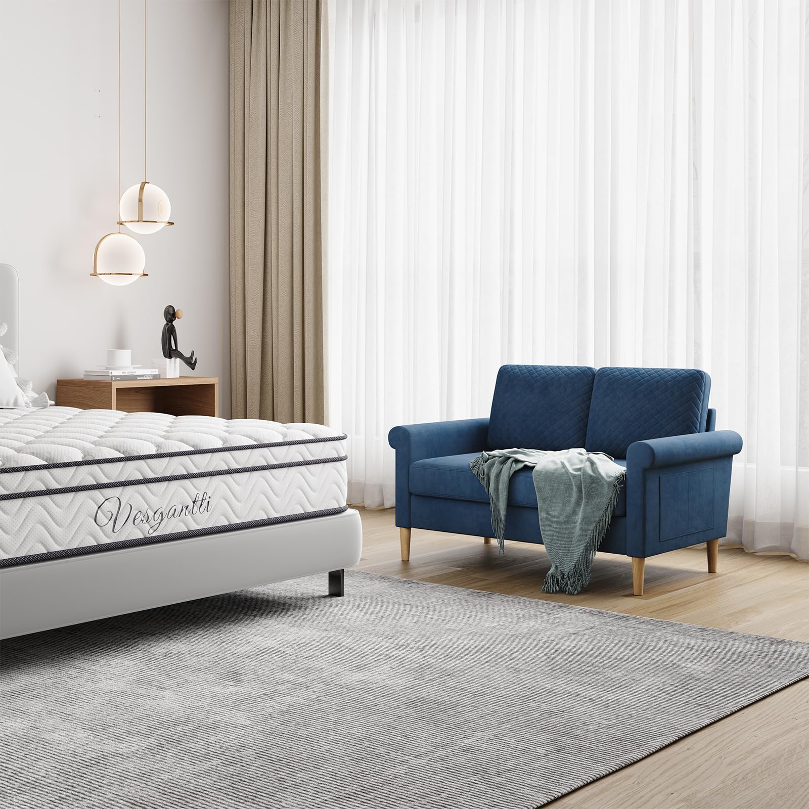 Vesgantti Sofá Pequeño de Tela de 2 Plazas, con Bolsillos de Almacenamiento en Ambos Lados - Mini Sofá Acolchado Salón u Oficina, Montaje sin Herramientas - 123 x 70 x 88 cm, Azul