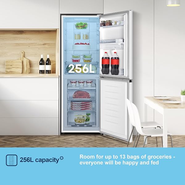 Fridgemaster MC55251DE 55cm Freestanding 256 litre 50/50 Fridge Freezer with Non-plumbed Water Dispenser - Frost Free - LED Lighting- 4 Star Freezer Rating -White - E Rated, H182.4 x W55 x D55.7 (cm) - 5