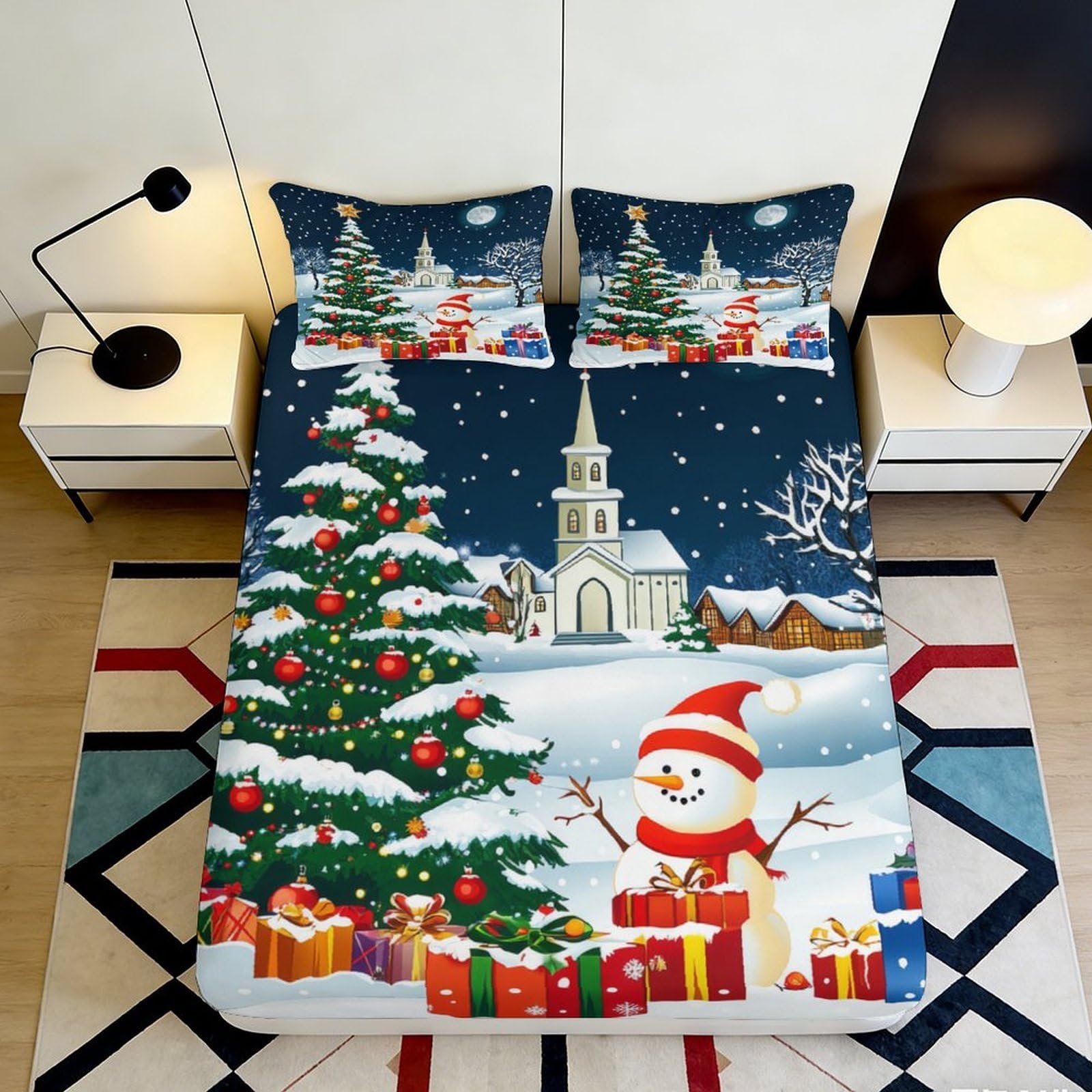 3D Printed Christmas Tree Fitted Sheet Microfiber Snowman Bed Cover for Bedroom Guest Room Decorative Protection 90x200x25cm