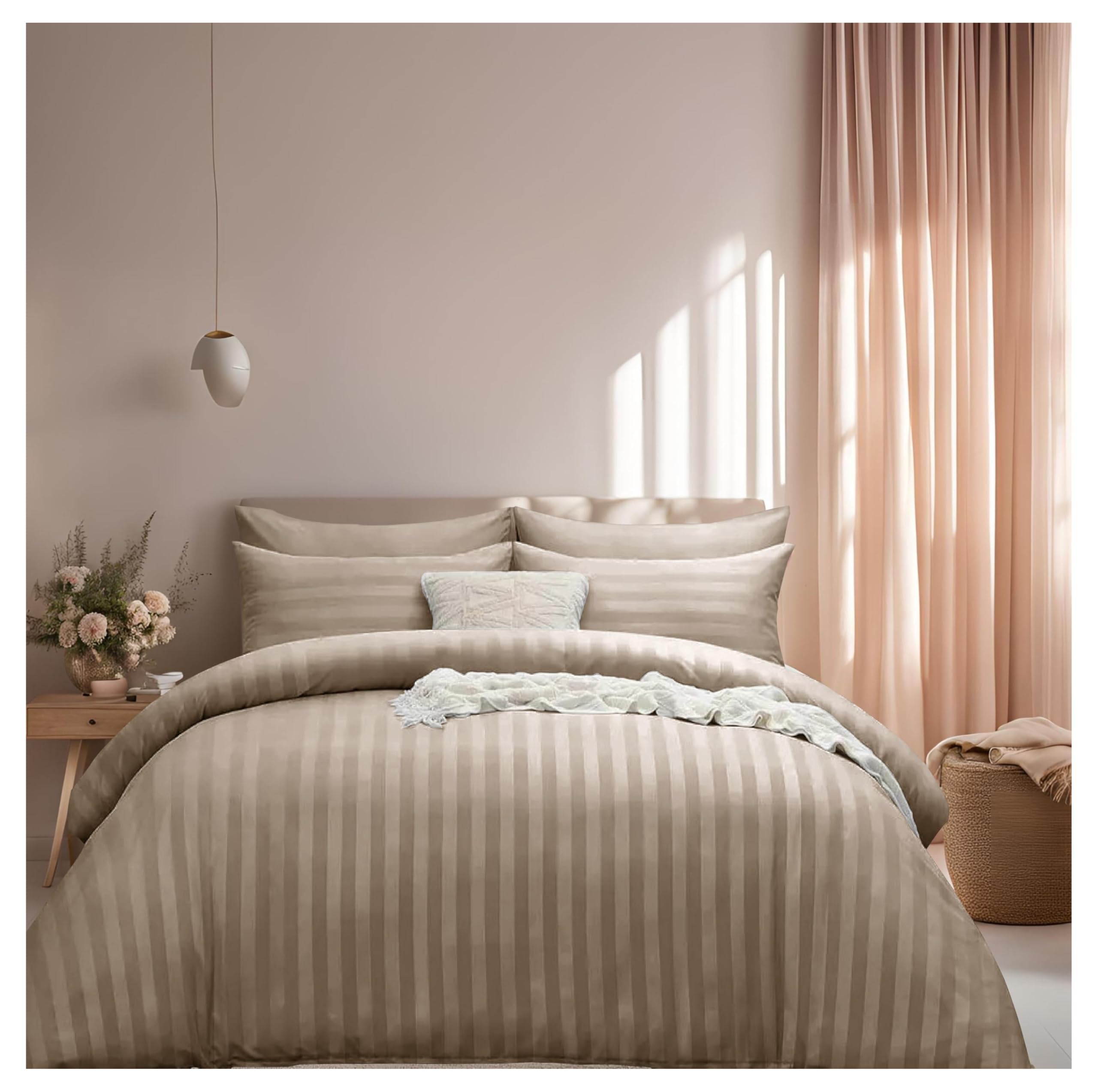 J.din Beige Single Satin Stripe Duvet Cover Bedding Set & Pillowcase,