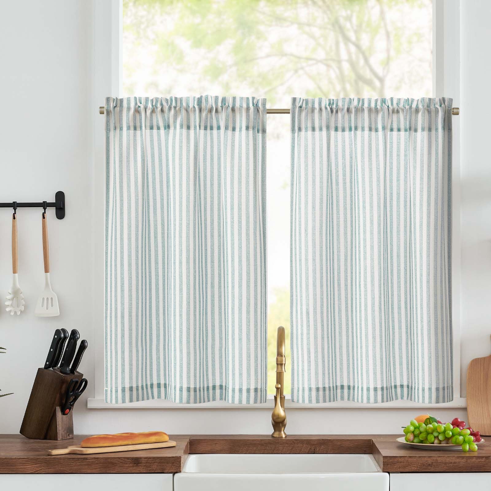 TOPICK Light Blue Striped Kitchen Curtains, Cafe Curtain, W26xL36, 2 PCS