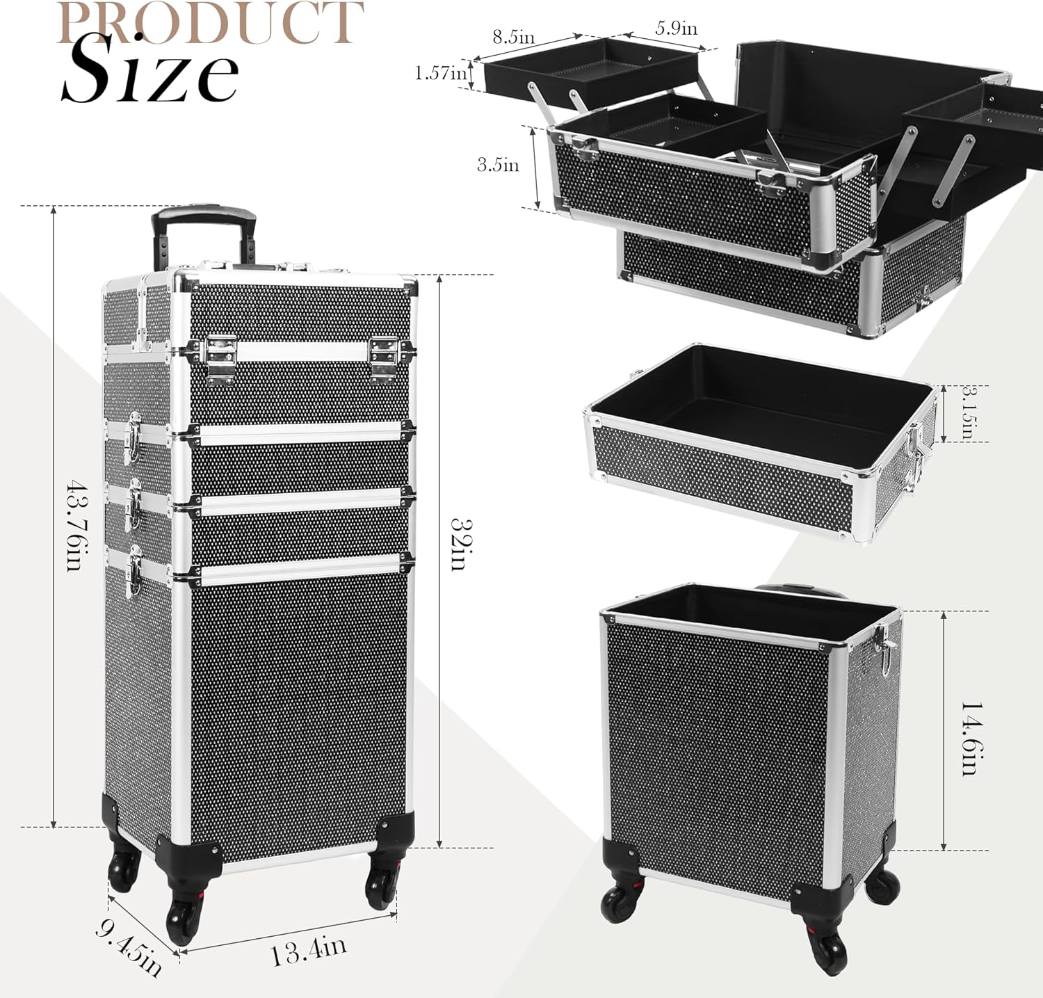 Professional Rolling Makeup Case with Wheels, 5-in-1 Makeup Train Case, Cosmetic Makeup Trolley Cart Travel Cosmetology Case On Wheels with Key for Hairstylists, Nail Tech(Black Crystal) - Image 3