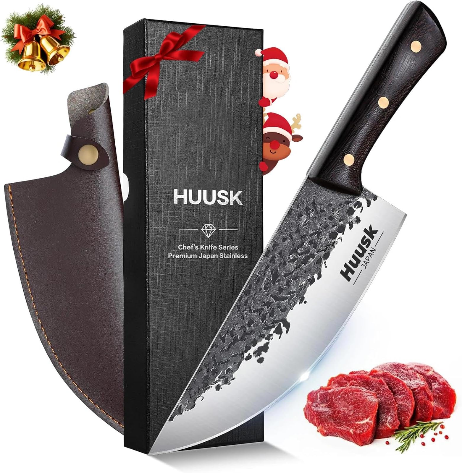 Huusk Butcher Knife for Meat Cutting, Hand Forged Meat Cleaver Knife, Outdoor Cooking Knives for Men, Gifts for Men