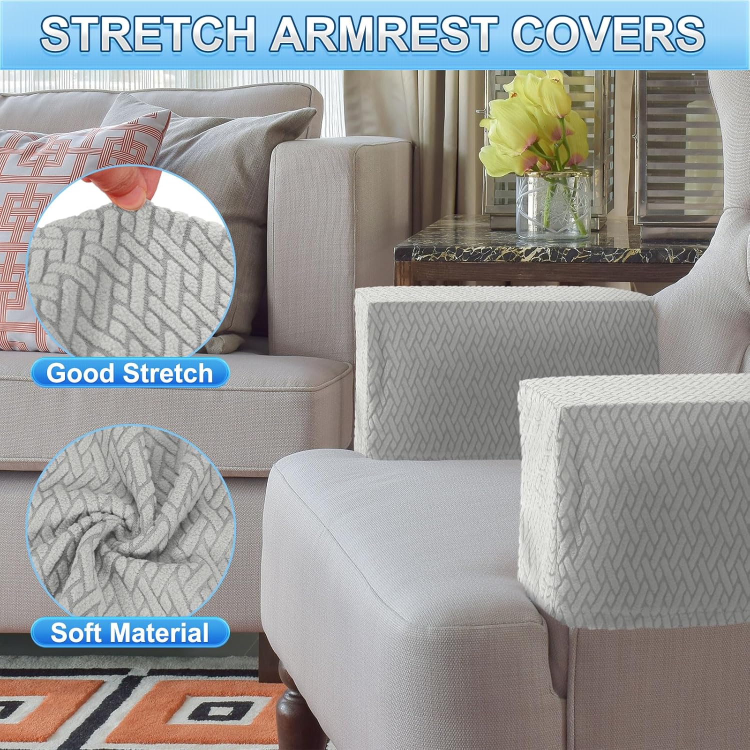 uxcell 4Pcs Stretch Armrest Covers, Polyester Soft Armchair Slipcovers Couch Recliner Arm Cover for Chair Sofa Protector, Light Grey, Diagonal Plaid