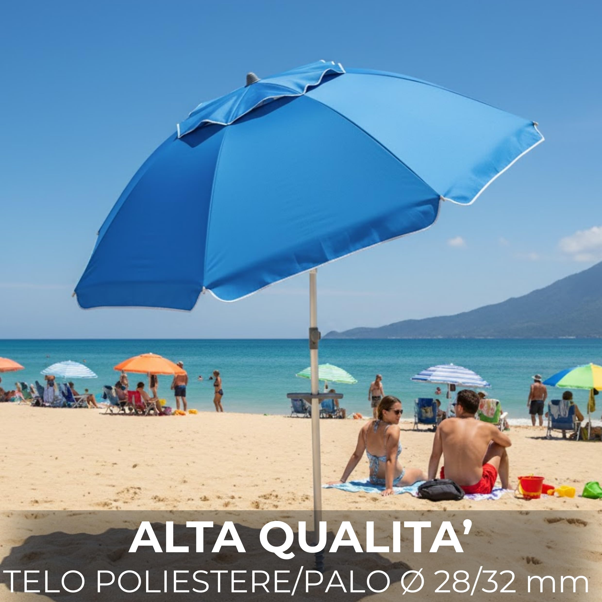 Ombrellone da Spiaggia Soffietto Antivento Ø 220cm Palo Inclinabile in Alluminio e Telo in Poliestere Azzurro Con Trivella in Plastica e Sacca Trasporto Protezione UV