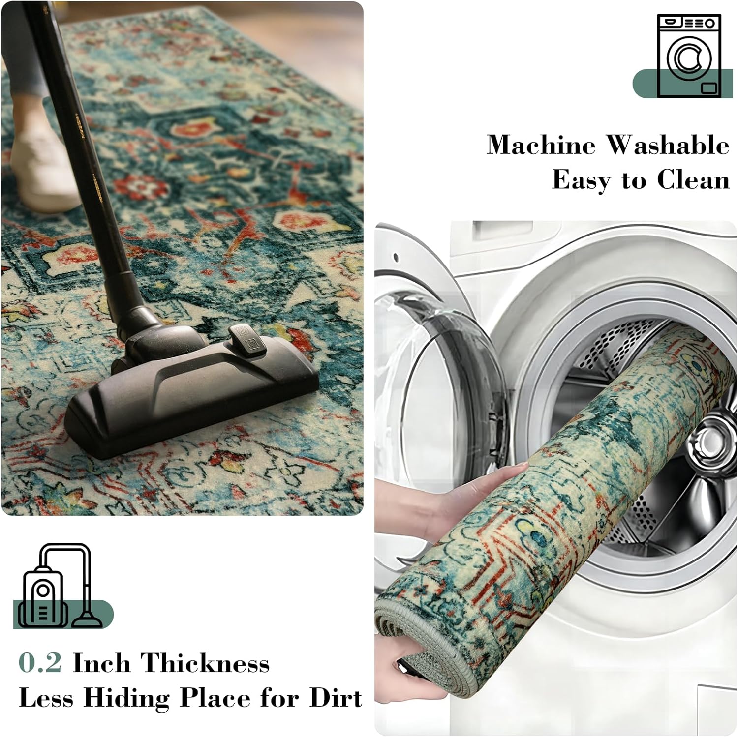 Wonnitar Boho Laundry Rug Runner, 2x4.3 Washable Entryway Runner Rug Non-Slip Distressed Soft Bathroom Mat, Bohemian Low Pile Kitchen Carpet Runners for Entrance Bedroom Closet (Dark Green,2'x4.3')