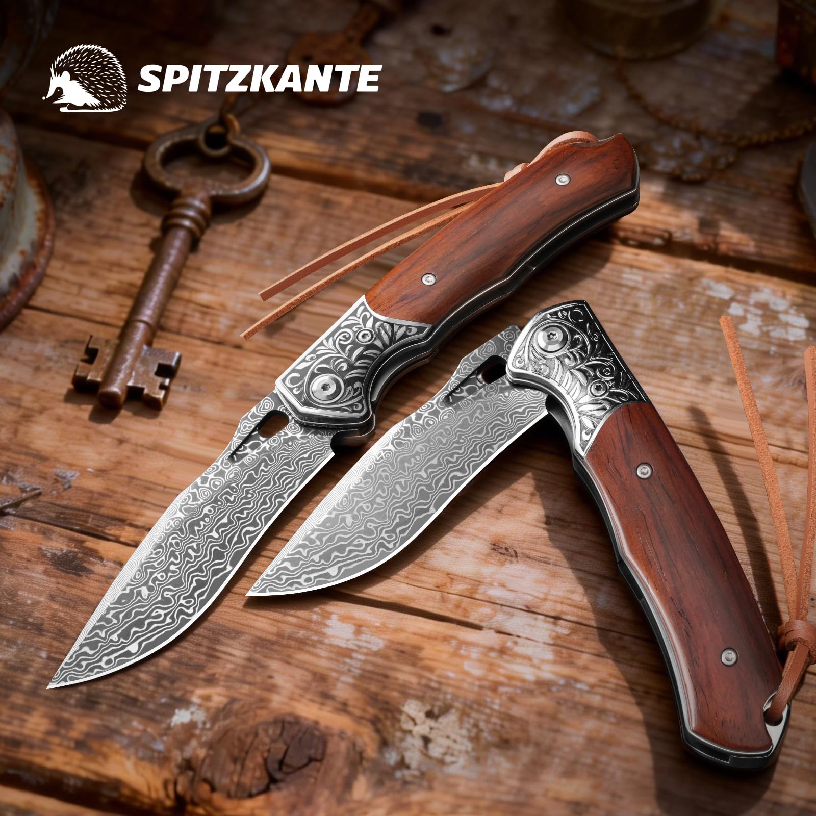 Couteau Pliant Damas et Couteau de Poche avec Liner Lock - Lame en Acier Damas, Manche en Bois - Ouverture à Deux Mains - Idéal pour Camping, Survie et Randonnée