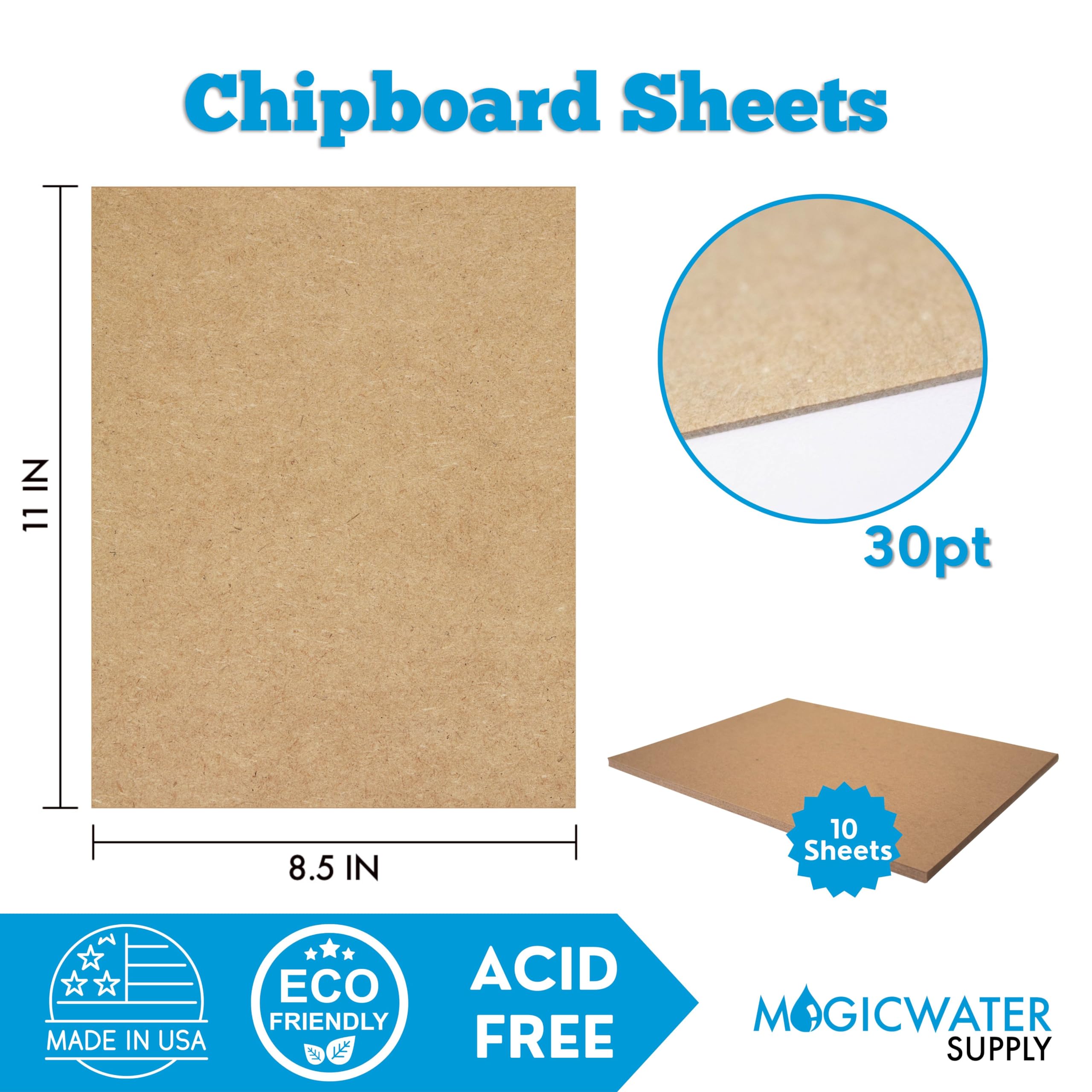 10 Chipboard Sheets 8.5 x 11 inch - 30pt (Point) Medium Weight Brown Kraft Cardboard for Scrapbooking & Picture Frame Backing (.030 Caliper Thick) Paper Board | MagicWater Supply