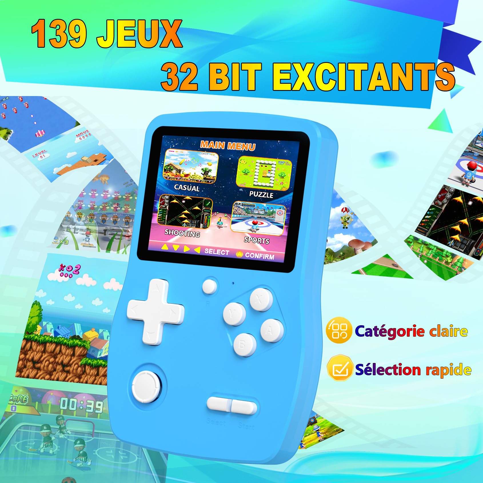 32 Bit Console de Jeux Portables pour Enfants avec 139 Jeux Vidéo, Lecteur de Jeu avec écran IPS de 3,0" Batterie Rechargeable, Jeu de Voyage Cadeaux Jouets pour Garçons Filles (Bleu)