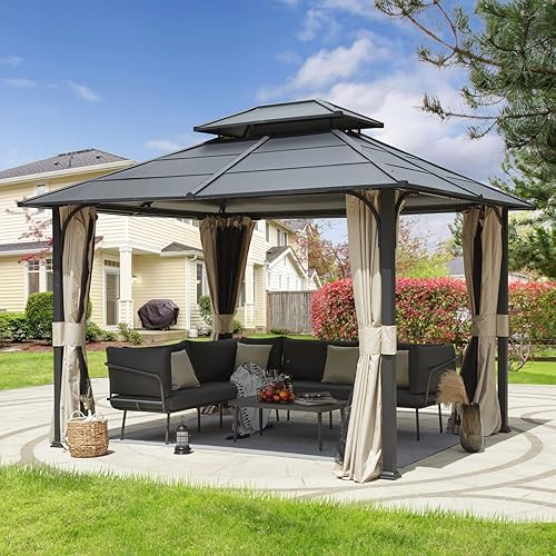EROMMY 10'x12' Metal Steel Gazebo, Outdoor Aluminum Hardtop Gazebo Canopy with Netting and Shaded Curtains, Double Roof Pergolas, Permanent Metal Pavilion for Patio, Backyard, Deck,Lawns, and Pool