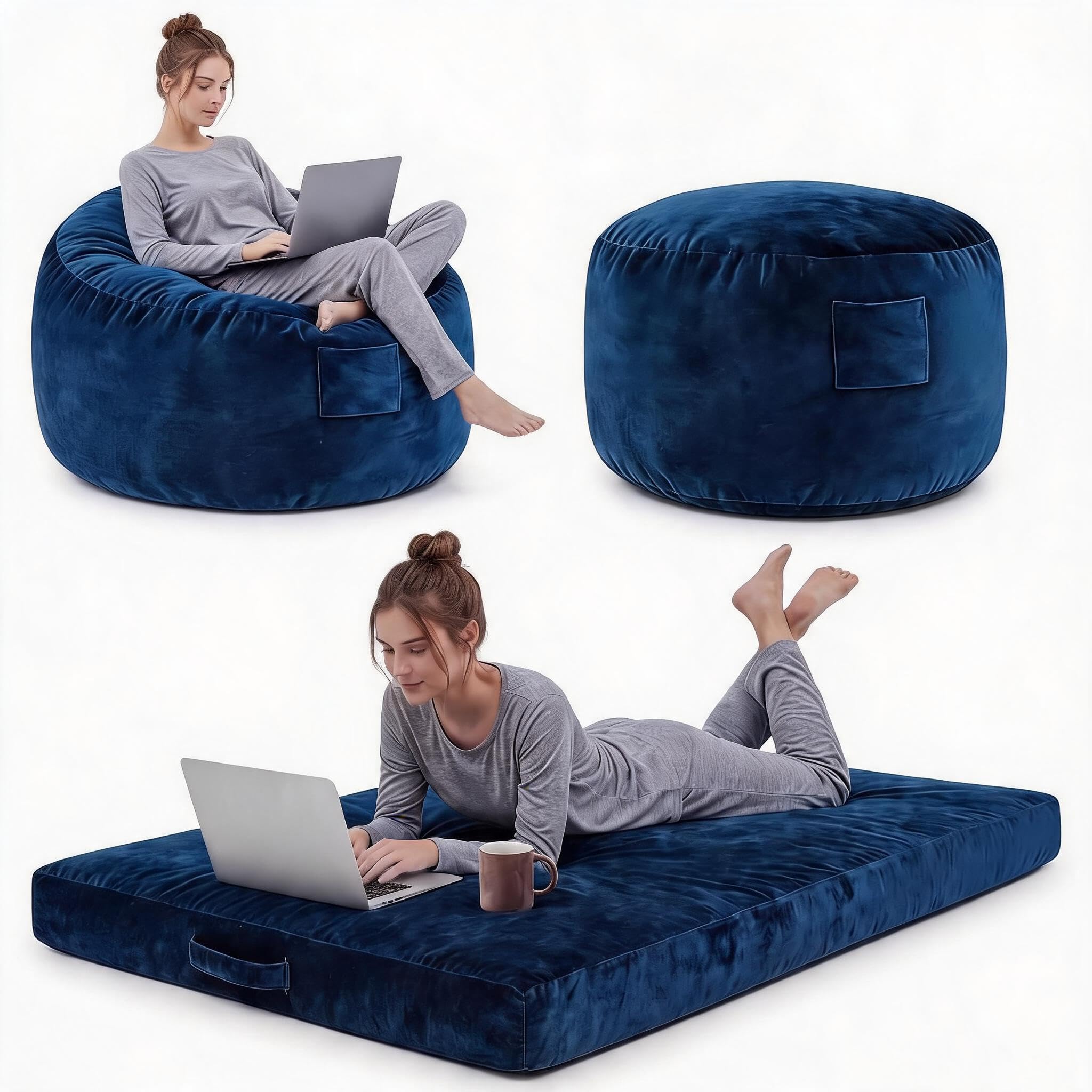 Garvee Sofá Puff 3 en 1 Amplio para Adultos, Sofá Cama Espacioso- Azul | Revestimiento de esponja de Alta Recuperación - Sofá Cama Espacioso para Salón, Dormitorio y Sala de Juegos,Azul