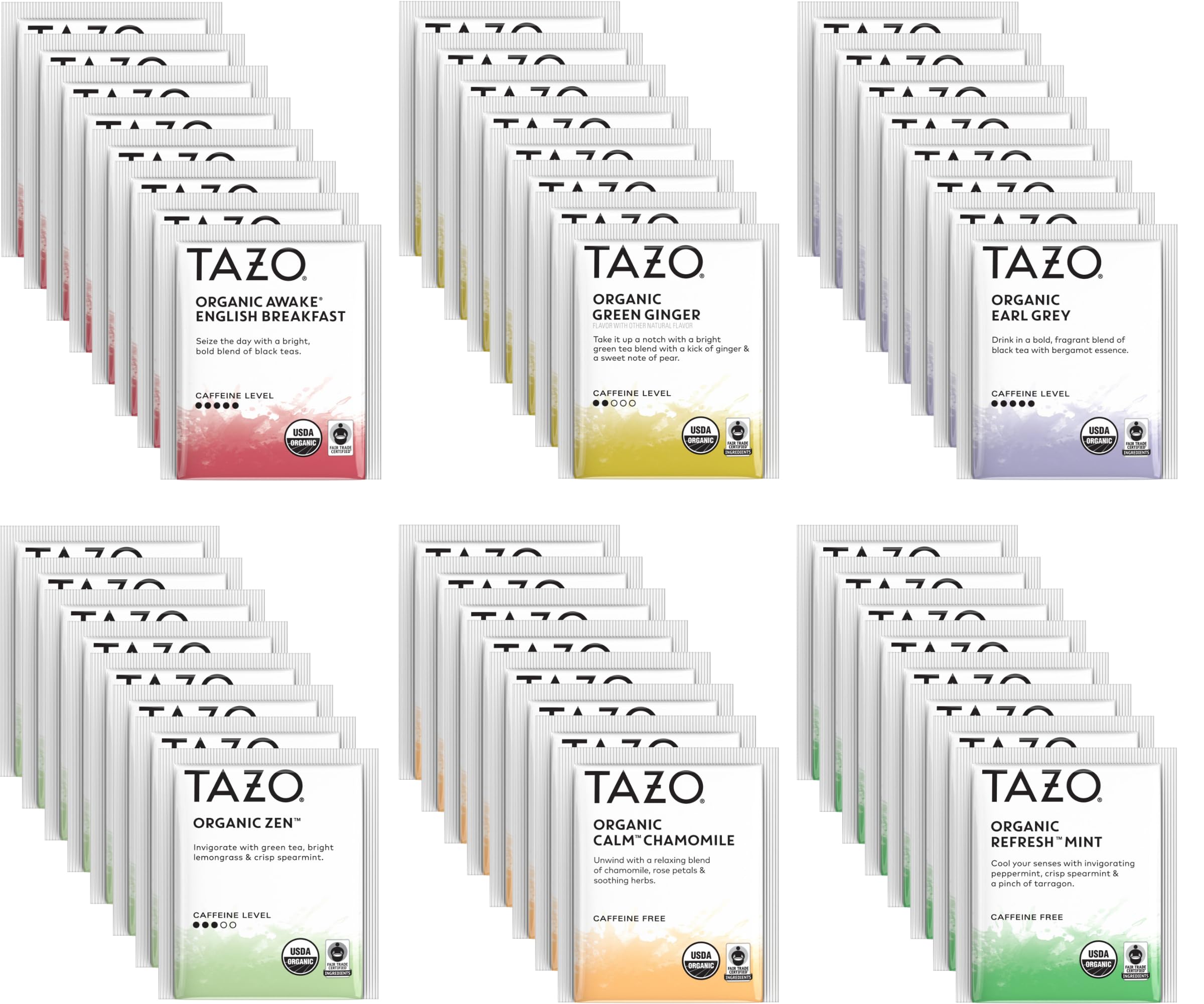 Tea Bags Sampler, 48 Count Variety Gift Box, 6 Different Flavors, 8 of each with By The Cup Honey Sticks