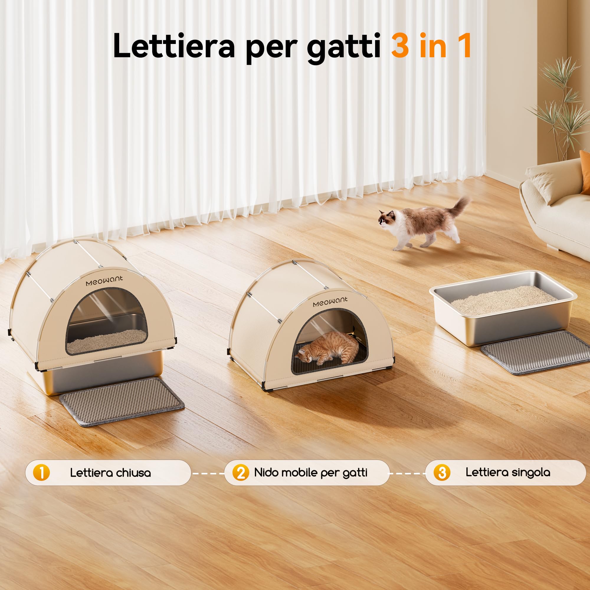 Meowant Lettiera per Gatti in Acciaio Inox, 85L Lettiera Gatto Chiusa XXL con Paletta e Tappetino, Deodorante, Rimovibile 60 x 40 x 60 cm Toilette per Più Gatti