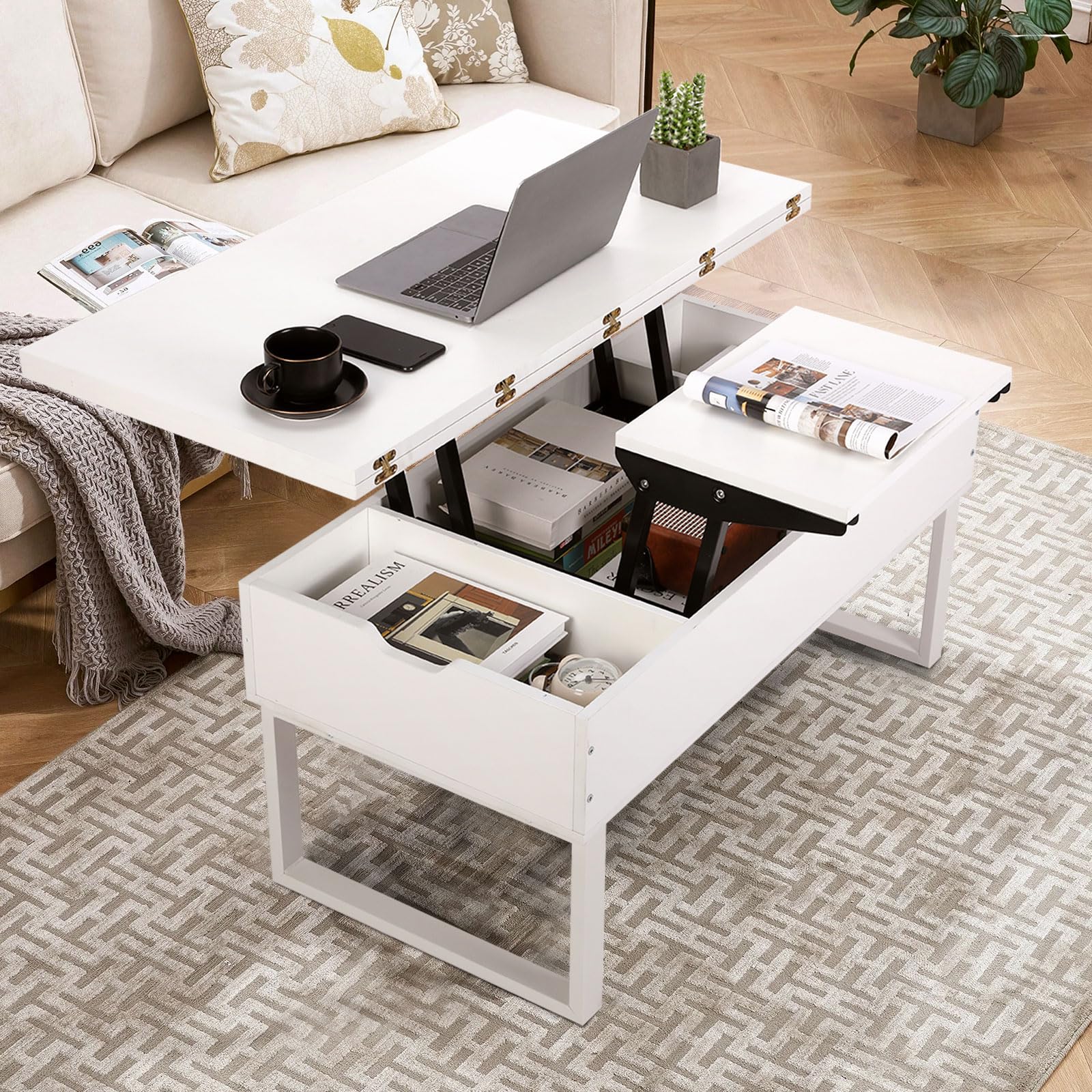 VOWNER Mesa de Centro Elevable, 3 en 1 Mesa de Salón Multifuncional con Almacenamiento Oculto, Mesa de Comedor Moderna Elevadora (Blanco)