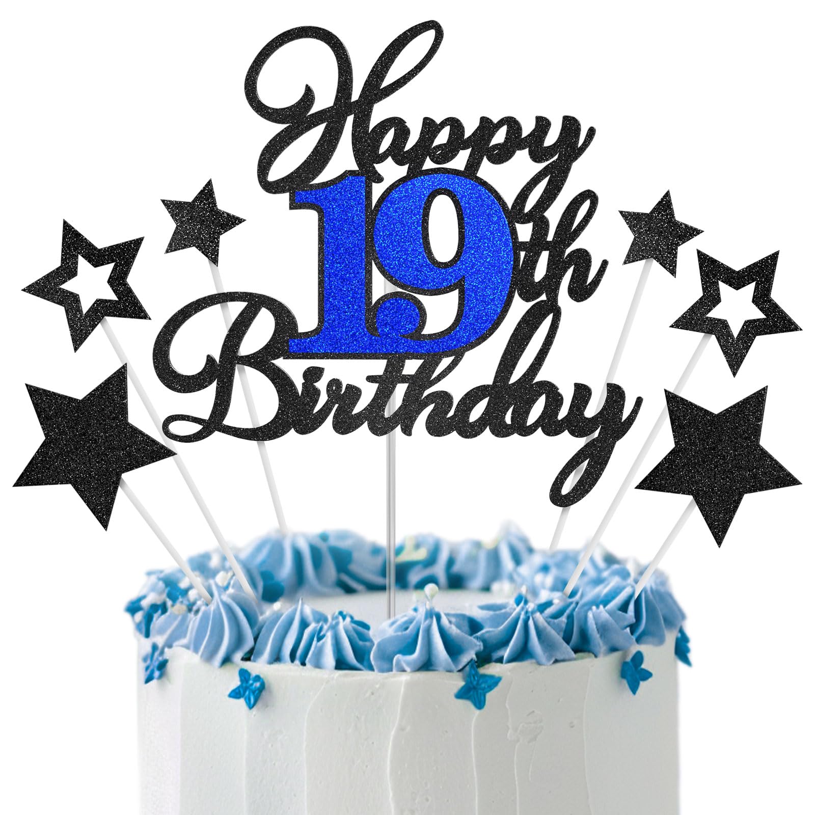 19th Birthday Cake Topper, Black Blue Happy 19th Birthday Cake Toppers for Boy Girl, 19 Years Old Birthday Party Supplies, Glitter Cake Decor, 19th
