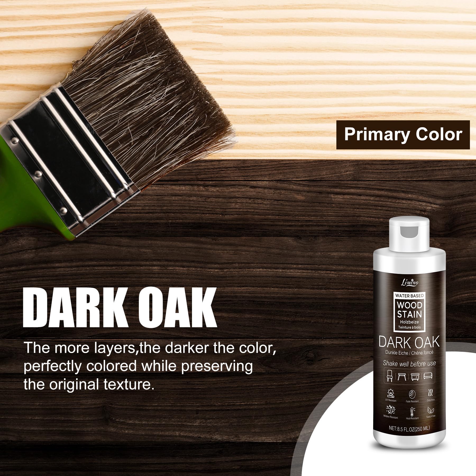 Water Based Wood Stain - Dark Oak | Wood Varnish for Indoor ＆ Outdoor Furniture, Wardrobe, Cabinets, Doors, Low Odor ＆ Non-Toxic, Fast Drying, Multiple Classical Finishes - 8.5fl.oz / 250ml