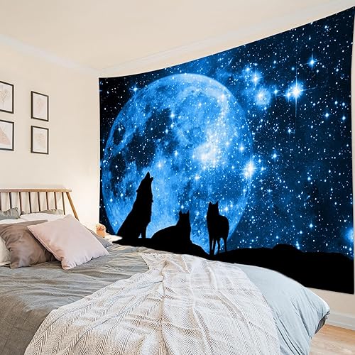 Miniatura 2 de HVEST Tapiz de lobo en la montaña para colgar en la pared, luna llena en cielo estrellado, tapices para dormitorio de niños, sala de estar,