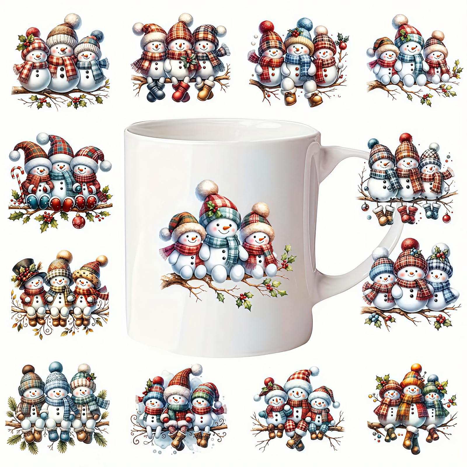 Yqtwlkjic Multicolor 12Pcs Snowman Branches Uv Dtf Cup Wraps Transfer Waterproof Sticker For Glass Cups Furniture Craft Diy Crafts，Rub On Transfer Stickers For Diy Water Bottle Laptop Decal Wood Car