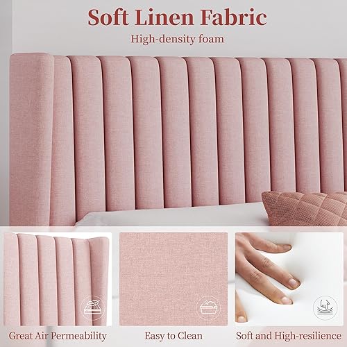 Miniatura 16 de Yaheetech - Base de cama matrimonial, plataforma tapizada con cabecera de borde ala, base de colchón de tela capitoné cuadrada, soporte de listones