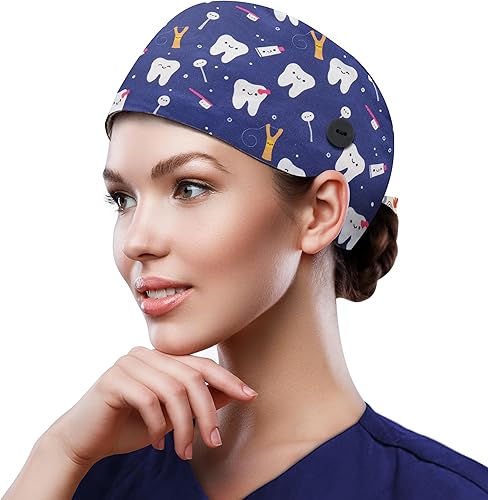 Miniatura 100 de QBA Adjustable Working Cap with Button, Cotton Working Hat Sweatband, Elastic Bandage Tie Back Hats for Women & Men, One