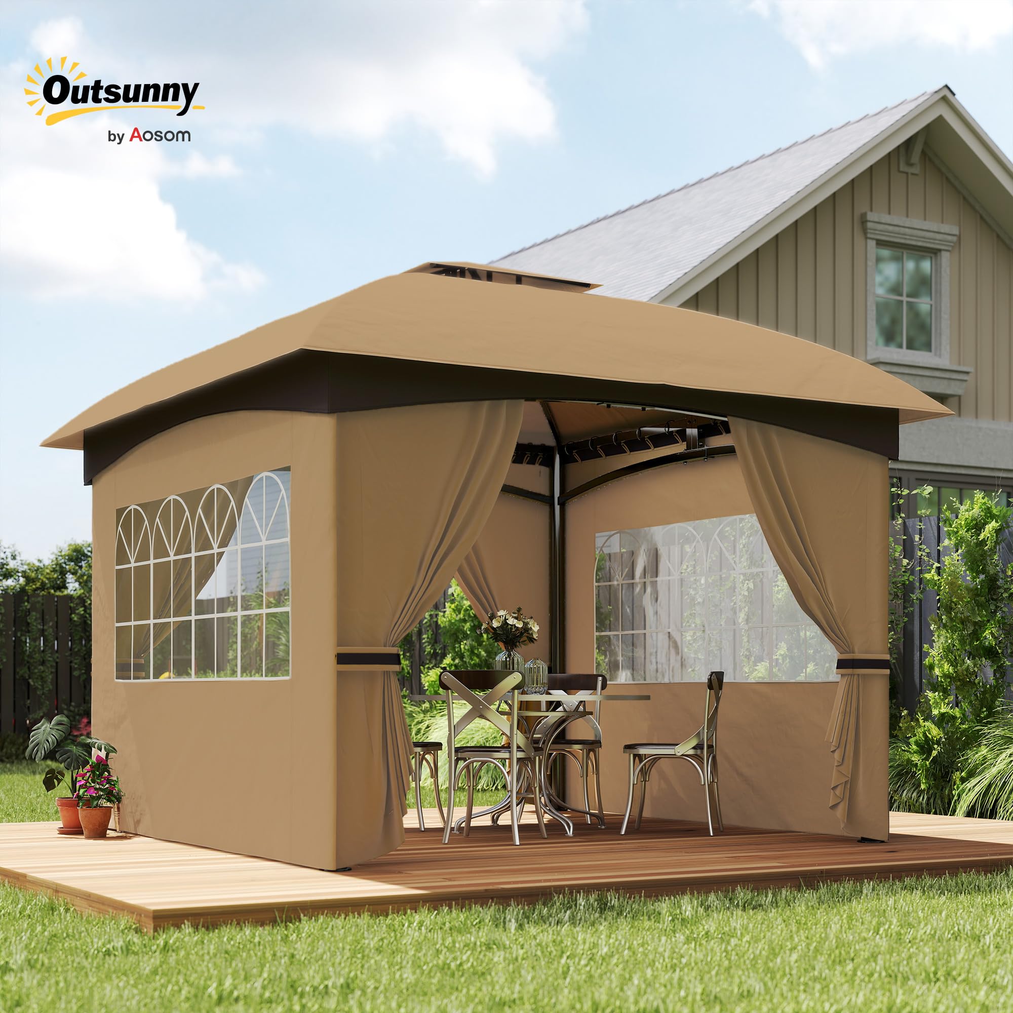 Outsunny Gazebo da Giardino 3.4x3.4 m con Pareti Laterali e Finestre, Gazebo da Esterno Resistente Protezione UV Tenda Tendone Padiglione per Feste con Tetto a 2 Livelli, Struttura in Metallo, Beige
