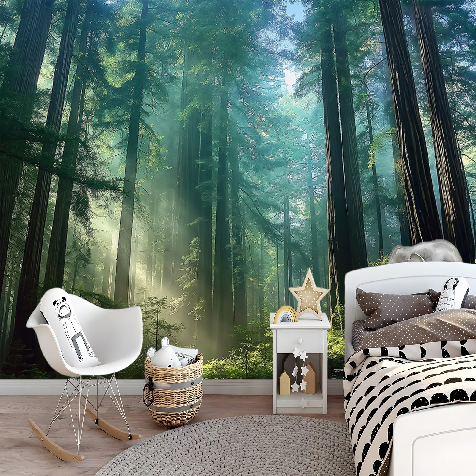 Tapeta 300 x 210 cm, tapeta z włókniny, naturalny las sekwoi, dekoracja słoneczna, wodoodporna, folia ochronna na ścianę, do sypialni, salonu, tapeta ścienna, fototapeta zielona, w zestawie poradnik
