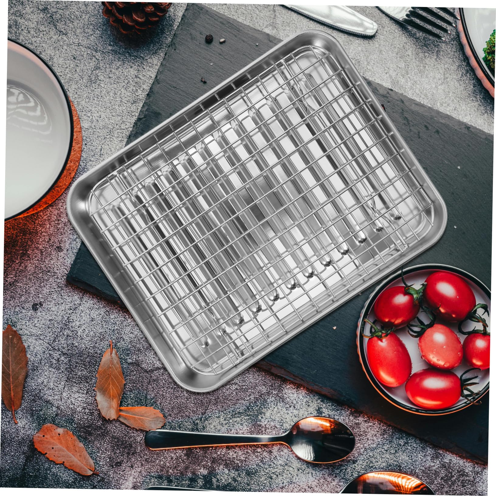 Juego de Bandeja de Horno de Acero Inoxidable con Rejilla, 43 Cm | Drenaje de Aceite, Servir Fritos, Uso en Casa y Familia, Estilo Simple, 1 Juego