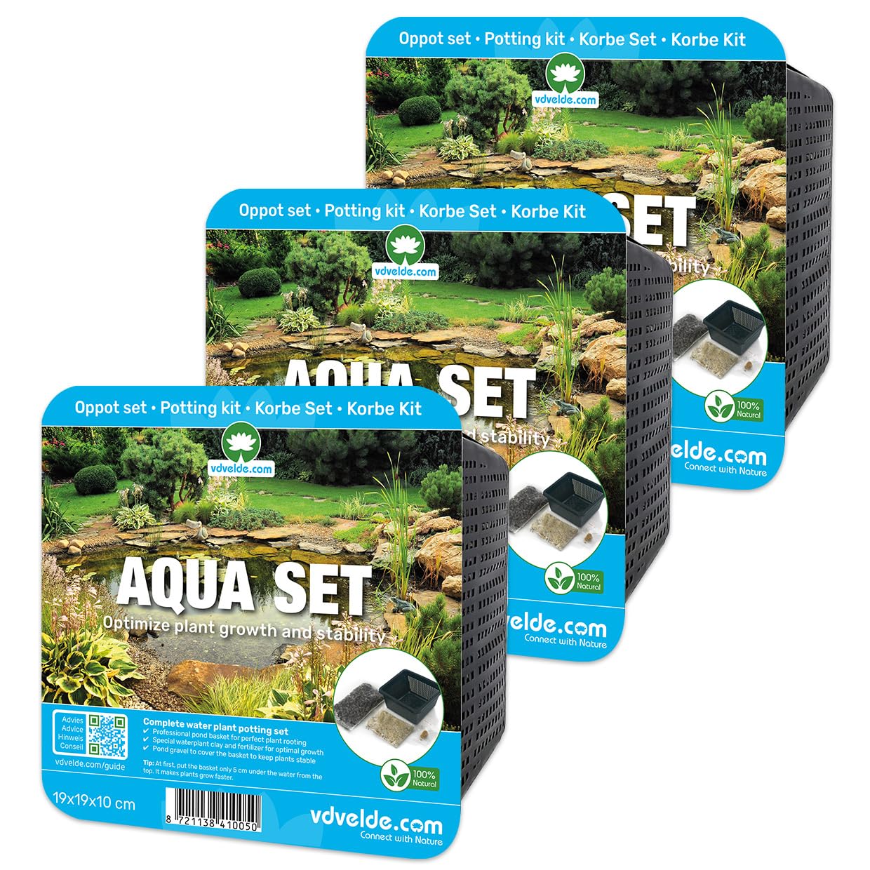 vdvelde․com - Aqua Set Kit de Plantación para Estanque, Pack de 3, sin Plantas, con Cesta, Sustrato, Tierra de Estanque, Abono y Grava, Accesorios 19x19x10 cm