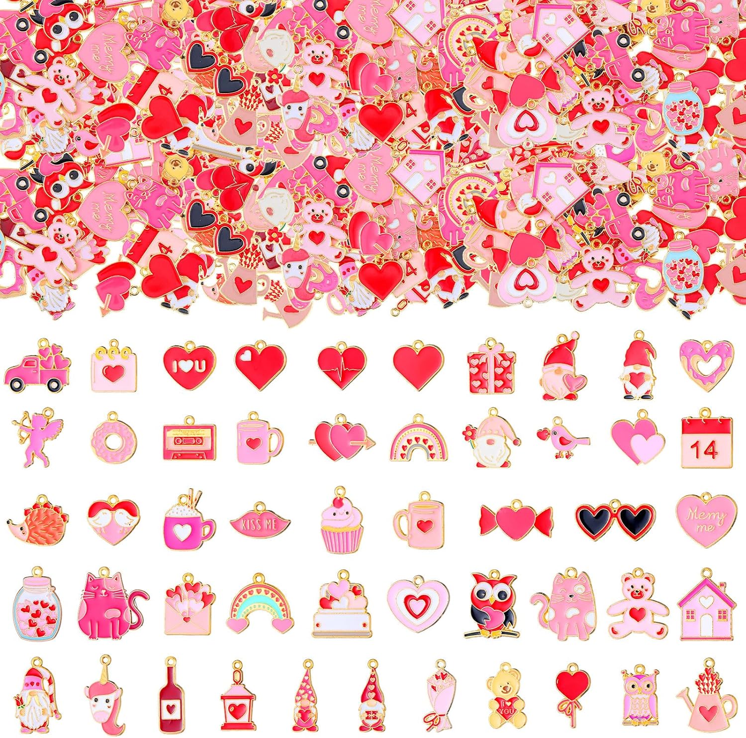 Equsion 200 Pcs Valentines Charms Jewelry Making Charms Bulk Gold Enamel Heart Gnome Rose Pink Pendants for Bracelet Necklace Earrings Making Love Gifts