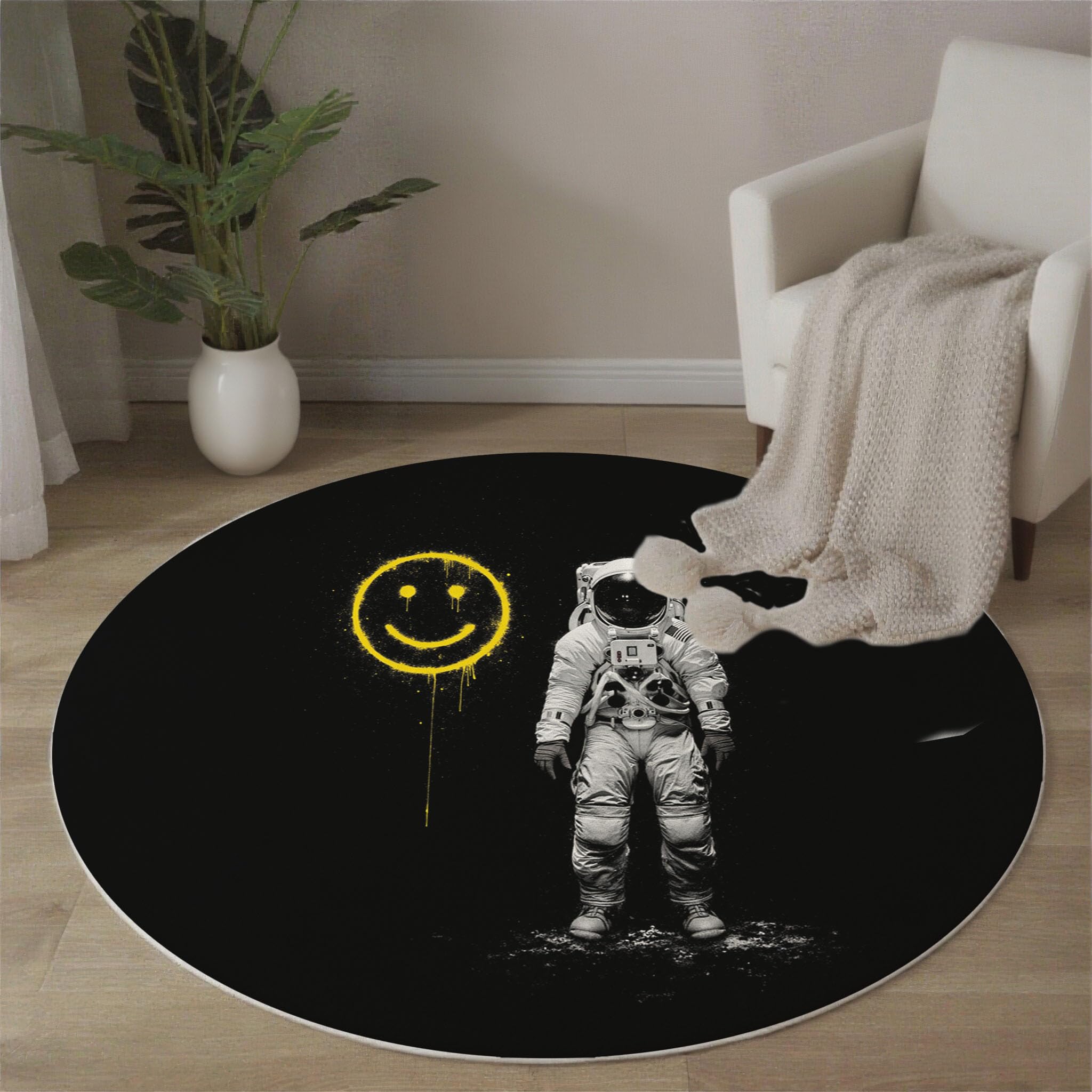 Tapis salon rond noir graffiti art urbain antidérapant 160cm pour chambre et entrée