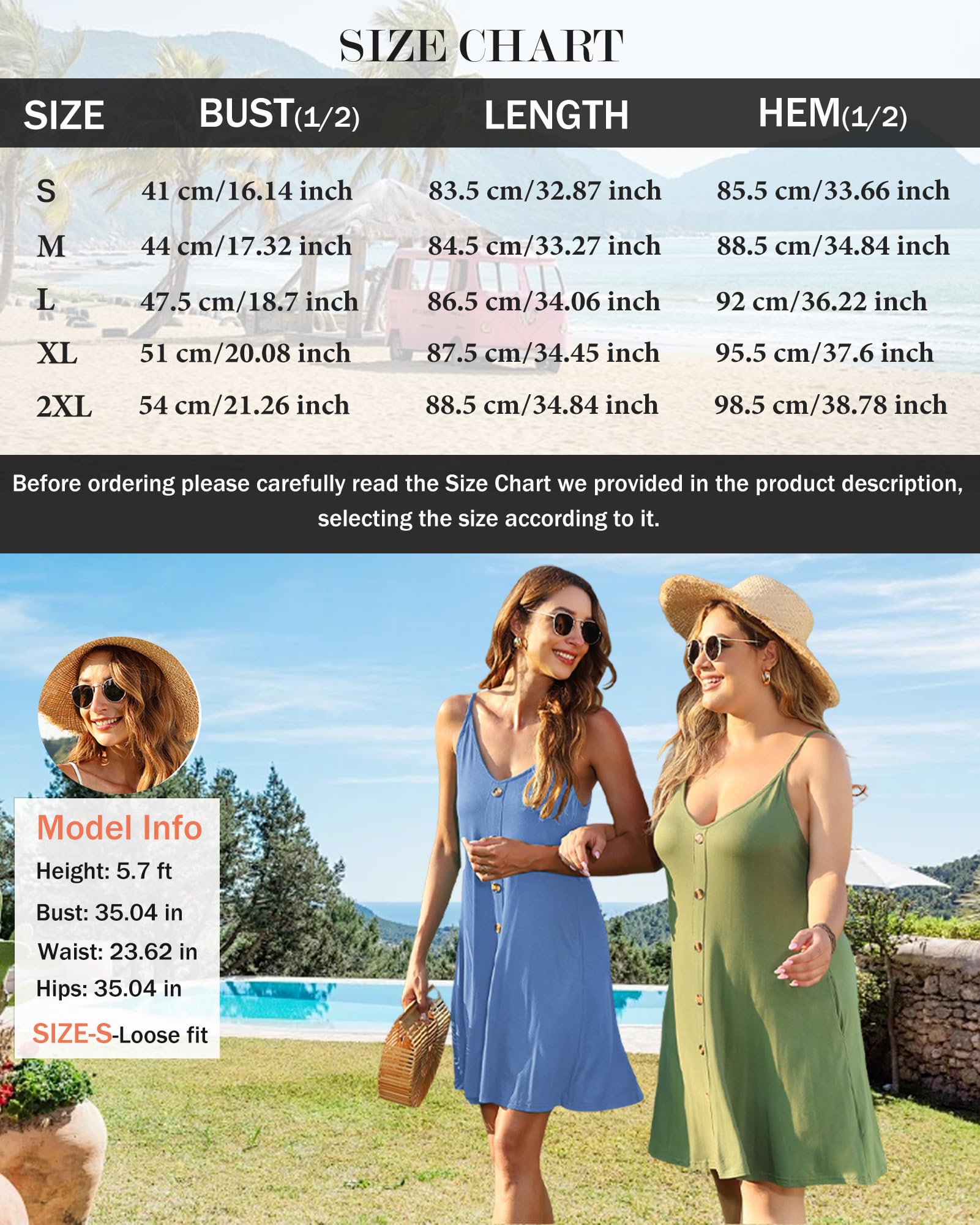 WNEEDU Damska letnia sukienka plażowa z guzikami i dekoltem w serek z kieszeniami
