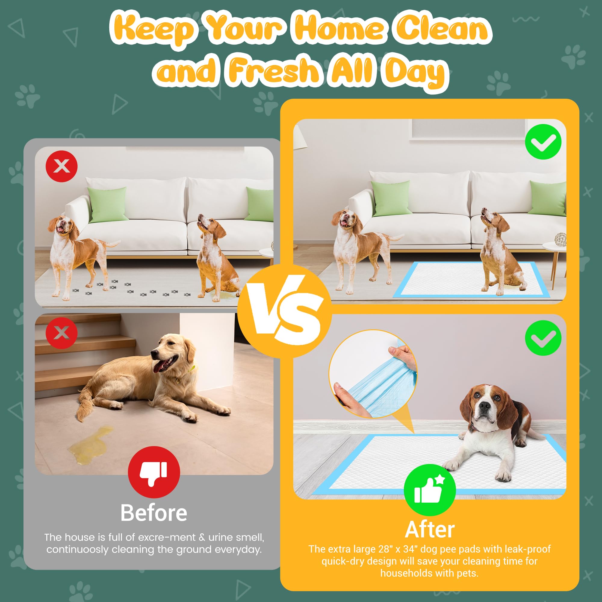 60 almohadillas para orina de perro, extragrandes, 28 x 34 pulgadas, súper absorbentes, almohadillas desechables para entrenamiento de perros, de secado rápido y a prueba de fugas, para perros,