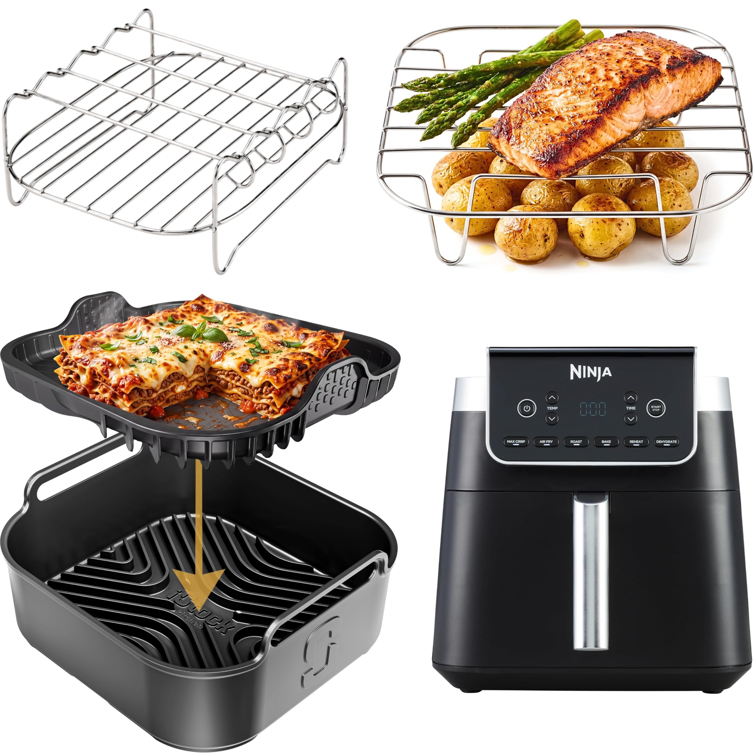 Ninja AF180UK Air Fryer Accessories | Airflow Pro™ Liner + Flexbase™ + 2 Stack & Cook™ Racks + 4 Skewers | Dual-Mode Airflow & Flat Surface Cooking | by iStock Kitchen