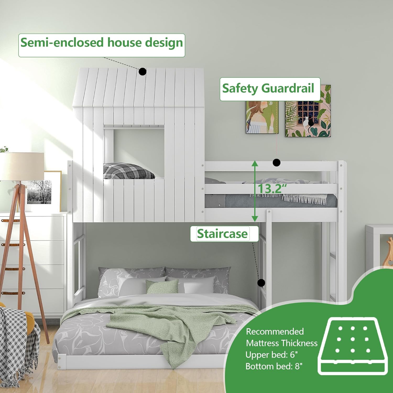 Harper & Bright Designs Twin Over Full Floor Bunk Bed with Roof and Window, House Bunk Bed with Playhouse and Full-Length Guardrails for Kids Teens Adults, No Box Spring Needed, Space Saving, White