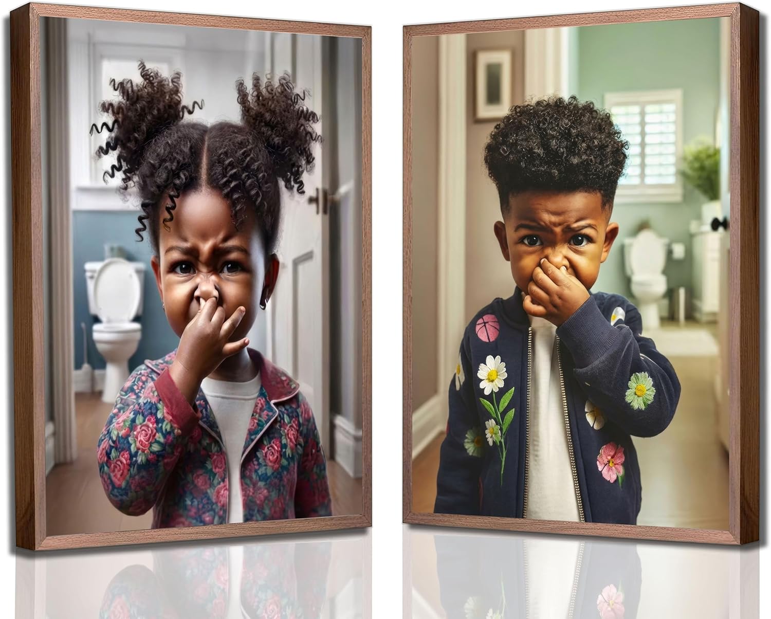 2Pcs Framed Funny Black Kids Bathroom Canvas Wall Art Humor African American Girl Boy Stank Face Bathroom Unpleasant Smell Cover Nose Picture Wall Decor Print Artwork for Kids Washroom Toilet Decor